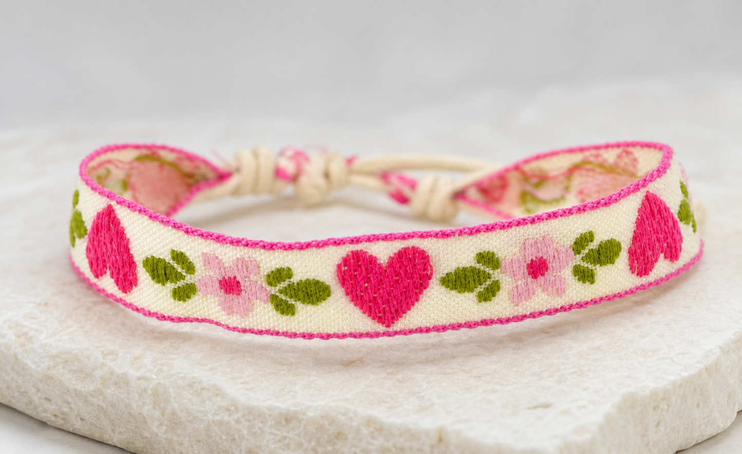 bracelet, woven bracelet, pink bracelet, heart bracelet, floral bracelet, cream bracelet, women's jewelry, everyday jewelry, gift for her, boutique jewelry,Studio7Fashion