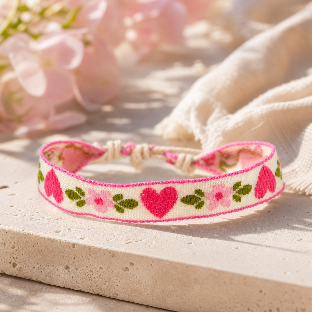 Pink Heart & Floral Woven Bracelet,Studio7Fashion