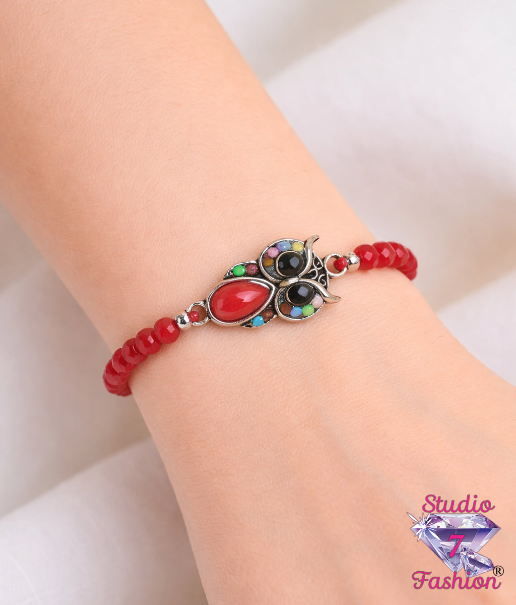 Crimson Owl Beaded Bracelet