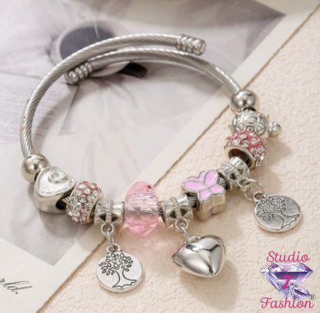 Silver Blossom Charm Bangle Bracelet