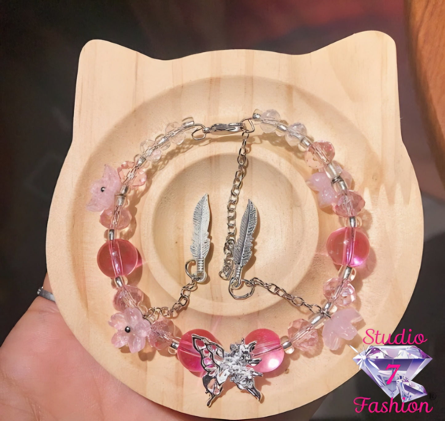 Enchanted Blossom Pink Beaded Butterfly & Feather Bracelet