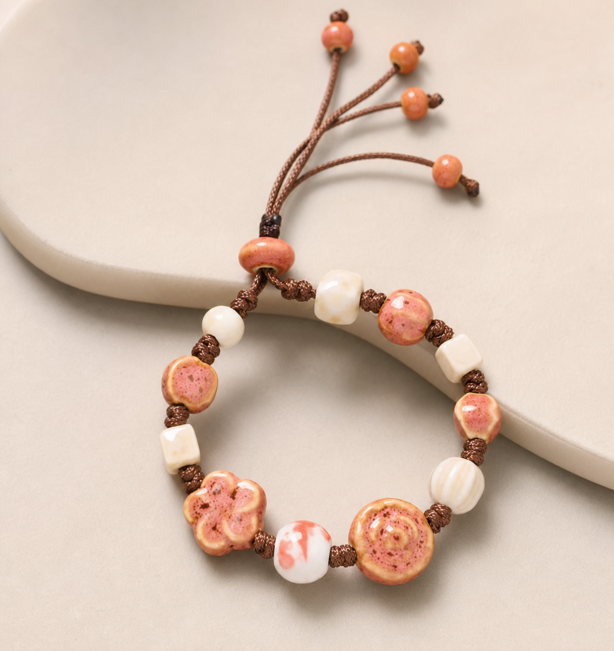 bracelet, beaded bracelet, adjustable bracelet, earth tone bracelet, terracotta bracelet, cream bracelet, white bracelet, brown cord bracelet, boutique jewelry, gift for her,Studio7Fashion