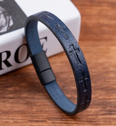 Rugged Devotion Embossed Cross Leather Bracelet
