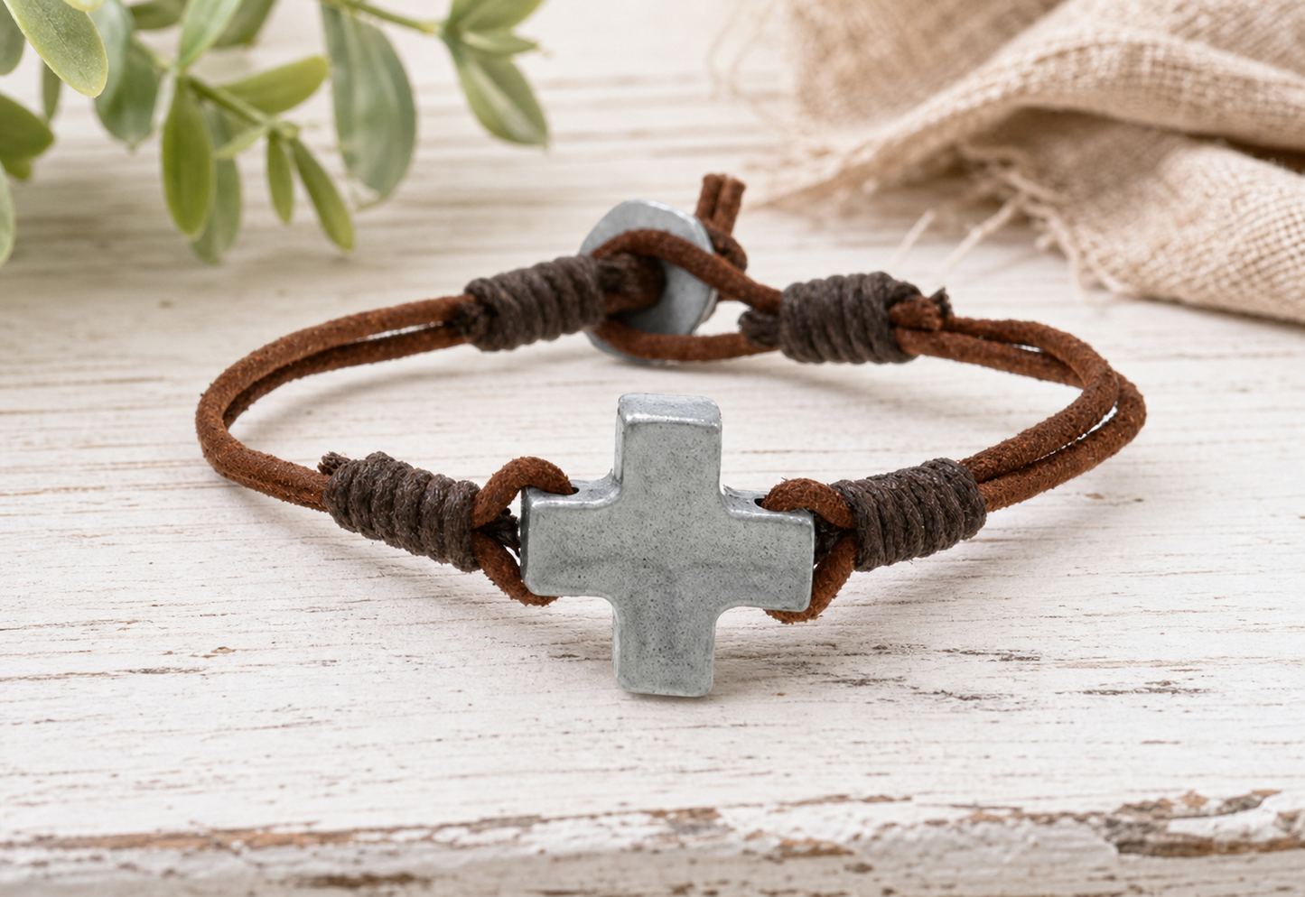 Silver Cross Brown Cord Bracelet,Studio7Fashion
