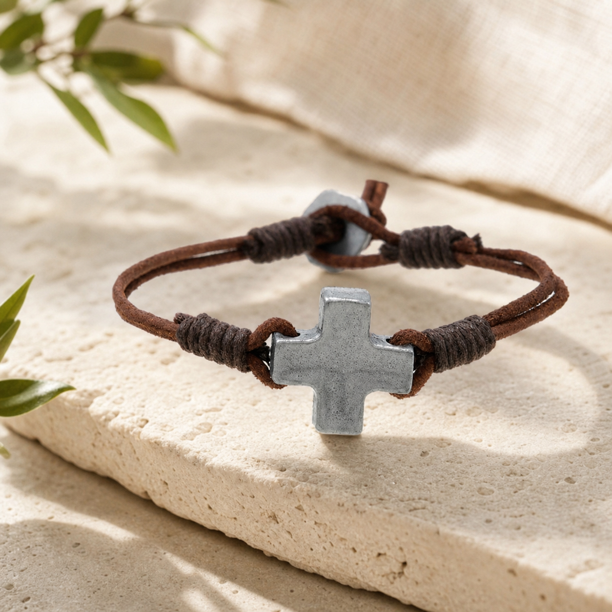 Silver Cross Brown Cord Bracelet,Studio7Fashion