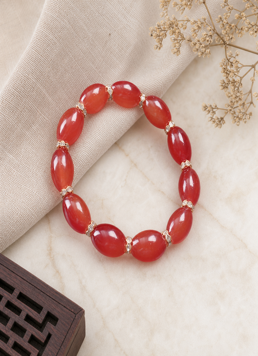 Red Oval Beaded Bracelet with Gold-Tone Accents,Studio7Fashion