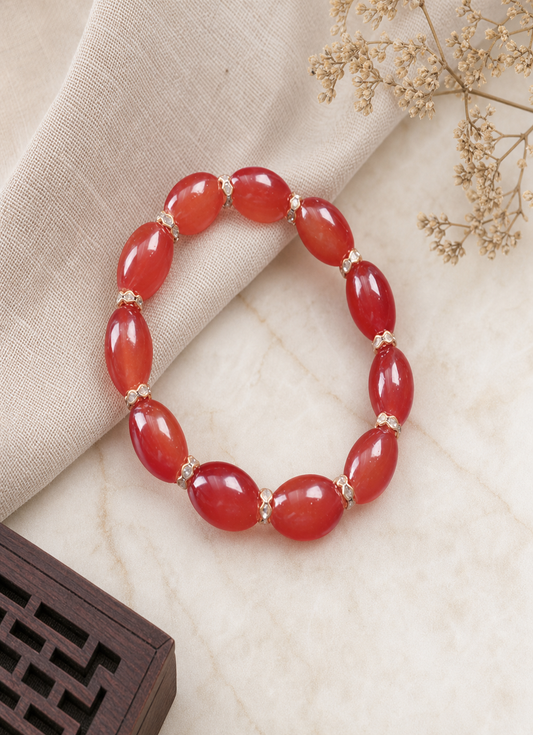 Red Oval Beaded Bracelet with Gold-Tone Accents,Studio7Fashion
