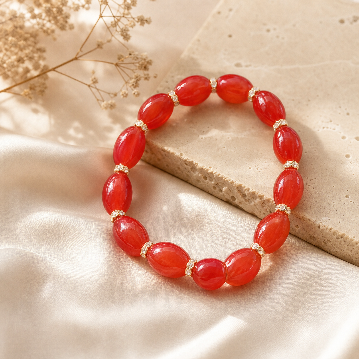Red Oval Beaded Bracelet with Gold-Tone Accents,Studio7Fashion