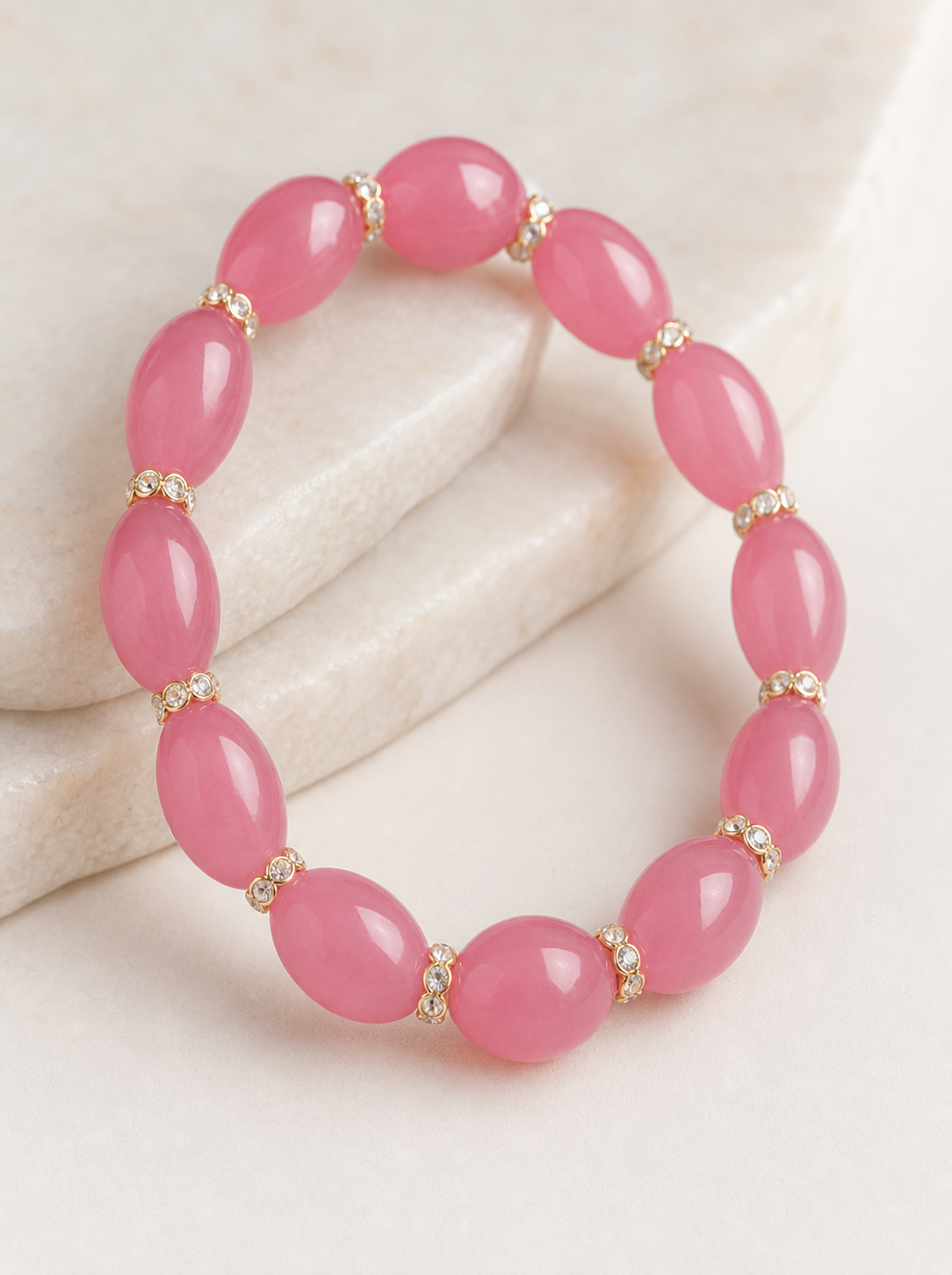 pink bracelet, beaded bracelet, oval bead bracelet, gold-tone bracelet, women's jewelry, fashion bracelet, everyday jewelry, gift for her,Studio7Fashion