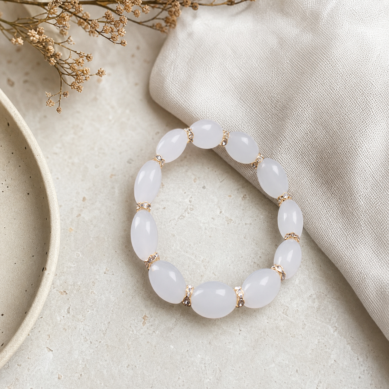 White Beaded Bracelet with Gold-Tone Accents,Studio7Fashion