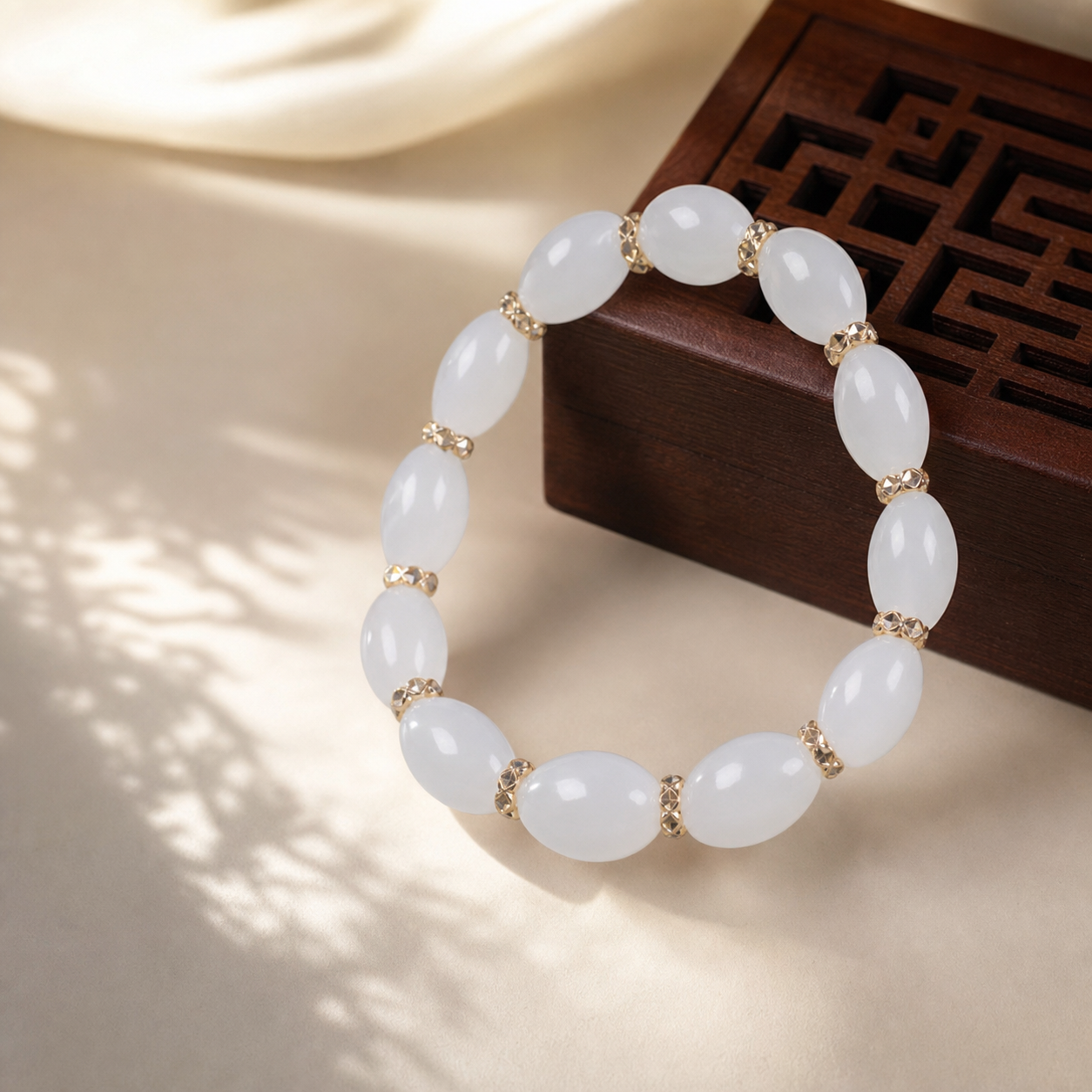 White Beaded Bracelet with Gold-Tone Accents,Studio7Fashion