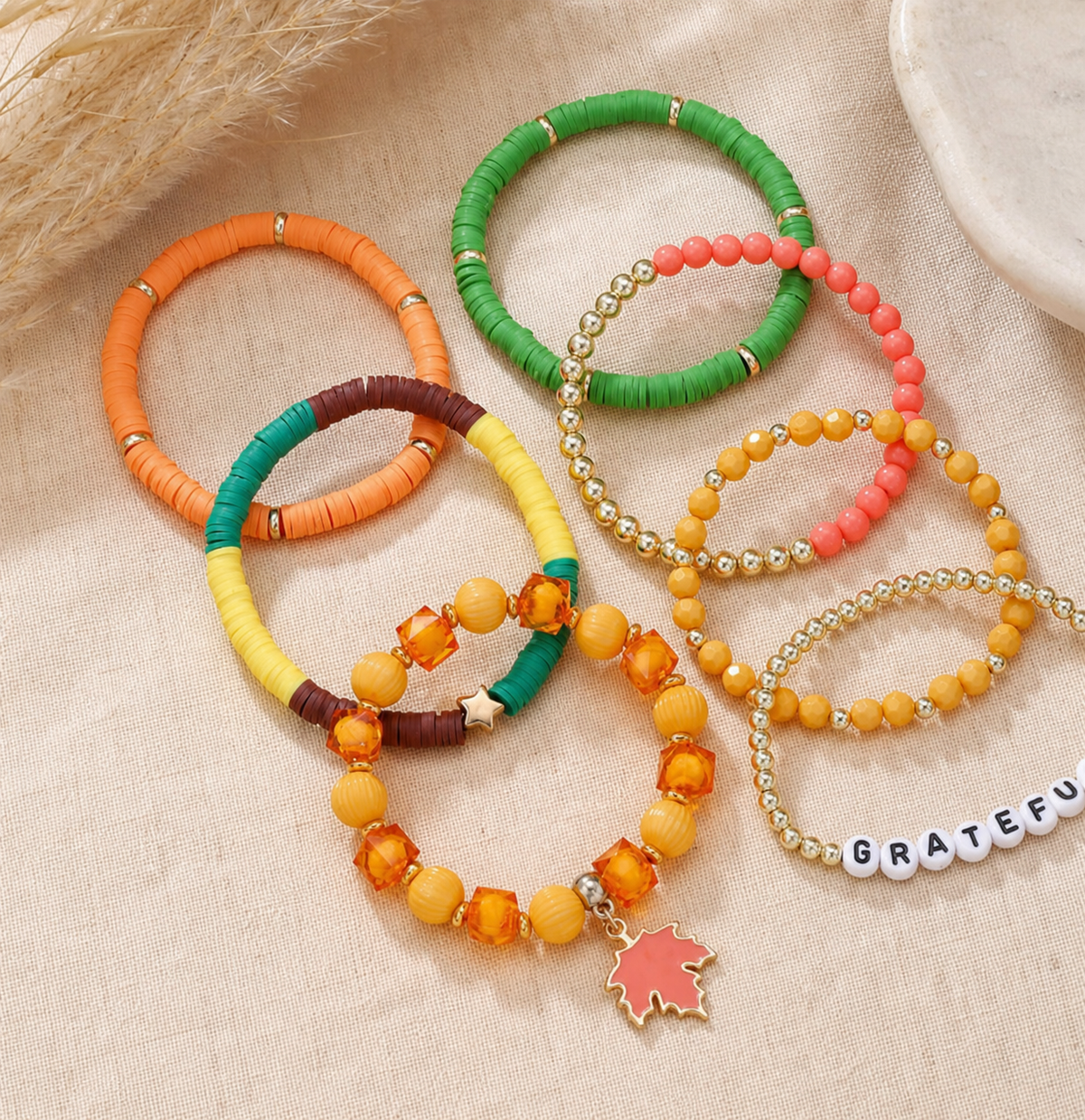 Colorful Elastic Beaded Bracelets with GRATEFUL Lettering,Studio7Fashion