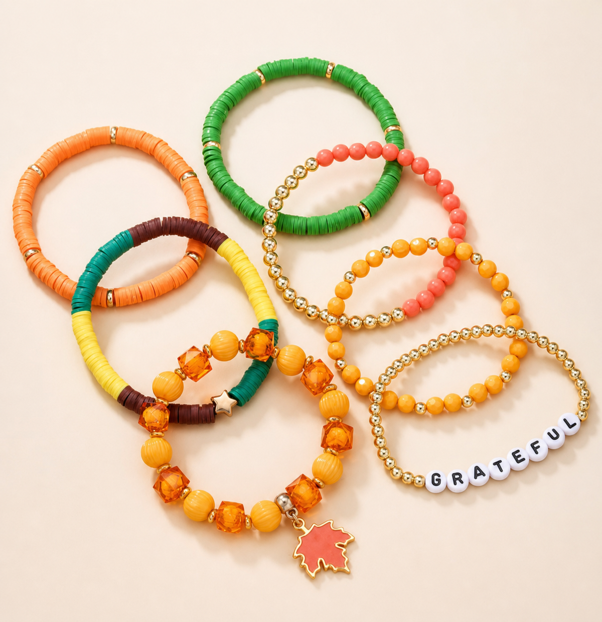 bracelet, elastic bracelet, beaded bracelet, colorful jewelry, grateful bracelet, maple leaf charm, charm bracelet, gift jewelry, everyday wear,Studio7Fashion