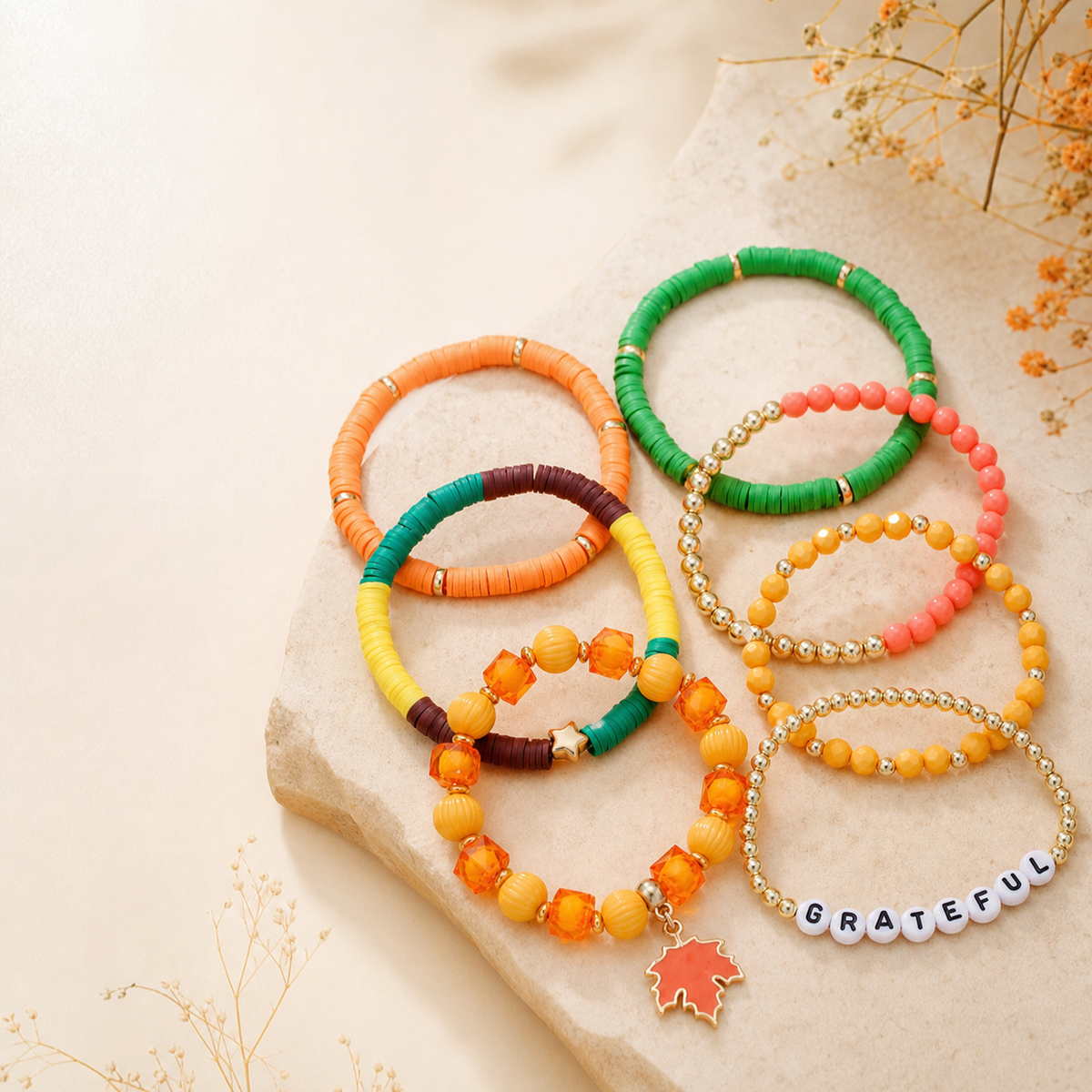 Colorful Elastic Beaded Bracelets with GRATEFUL Lettering,Studio7Fashion