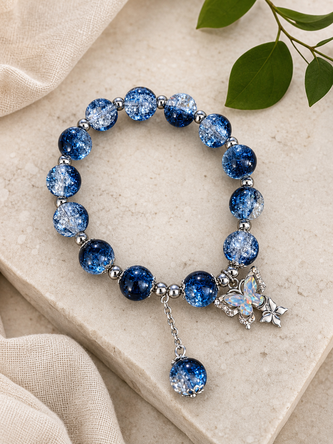 Blue Beaded Butterfly Charm Bracelet,Studio7Fashion
