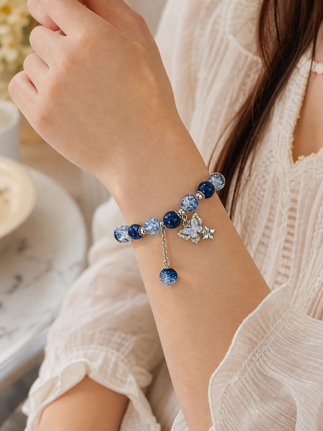 Blue Beaded Butterfly Charm Bracelet,Studio7Fashion