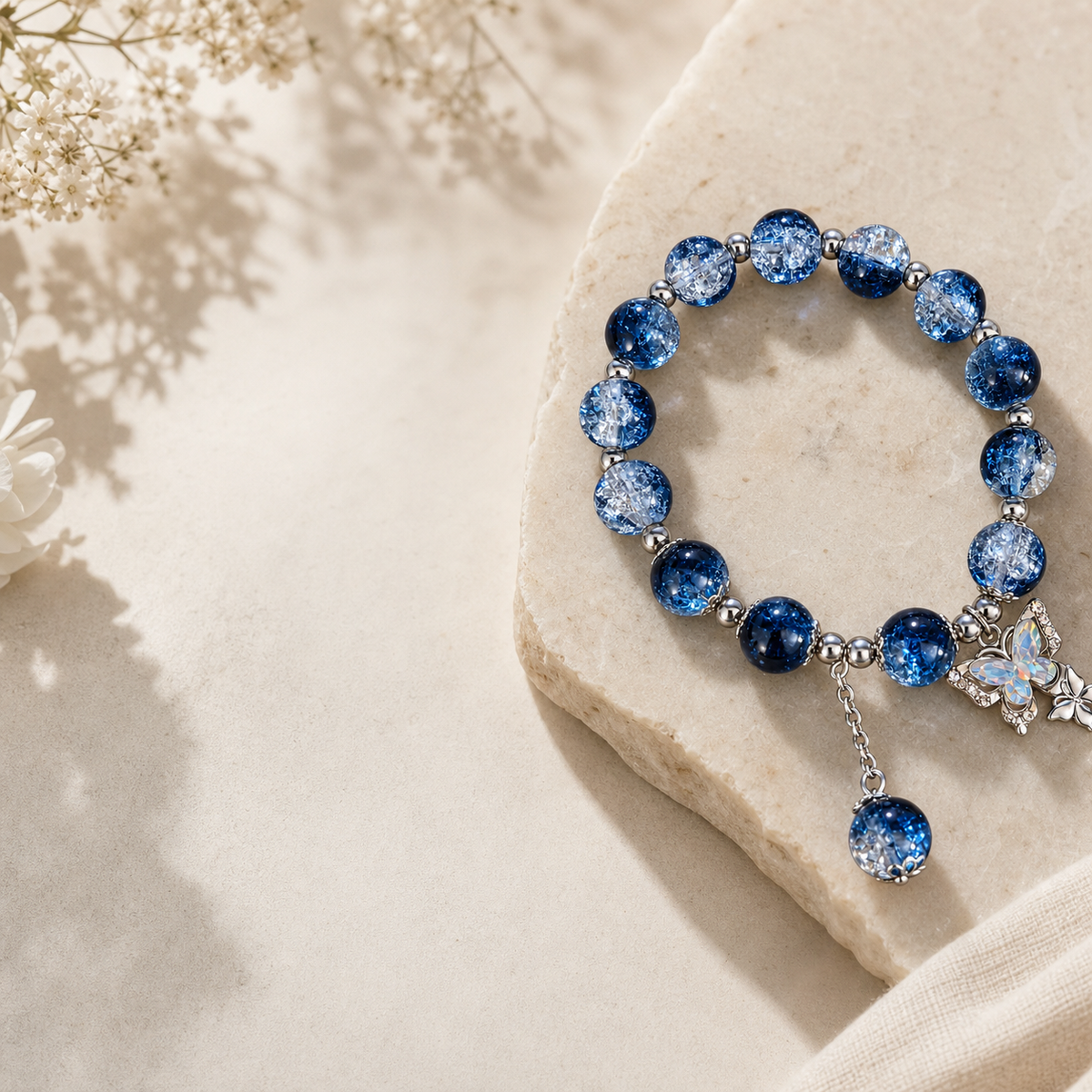 Blue Beaded Butterfly Charm Bracelet,Studio7Fashion