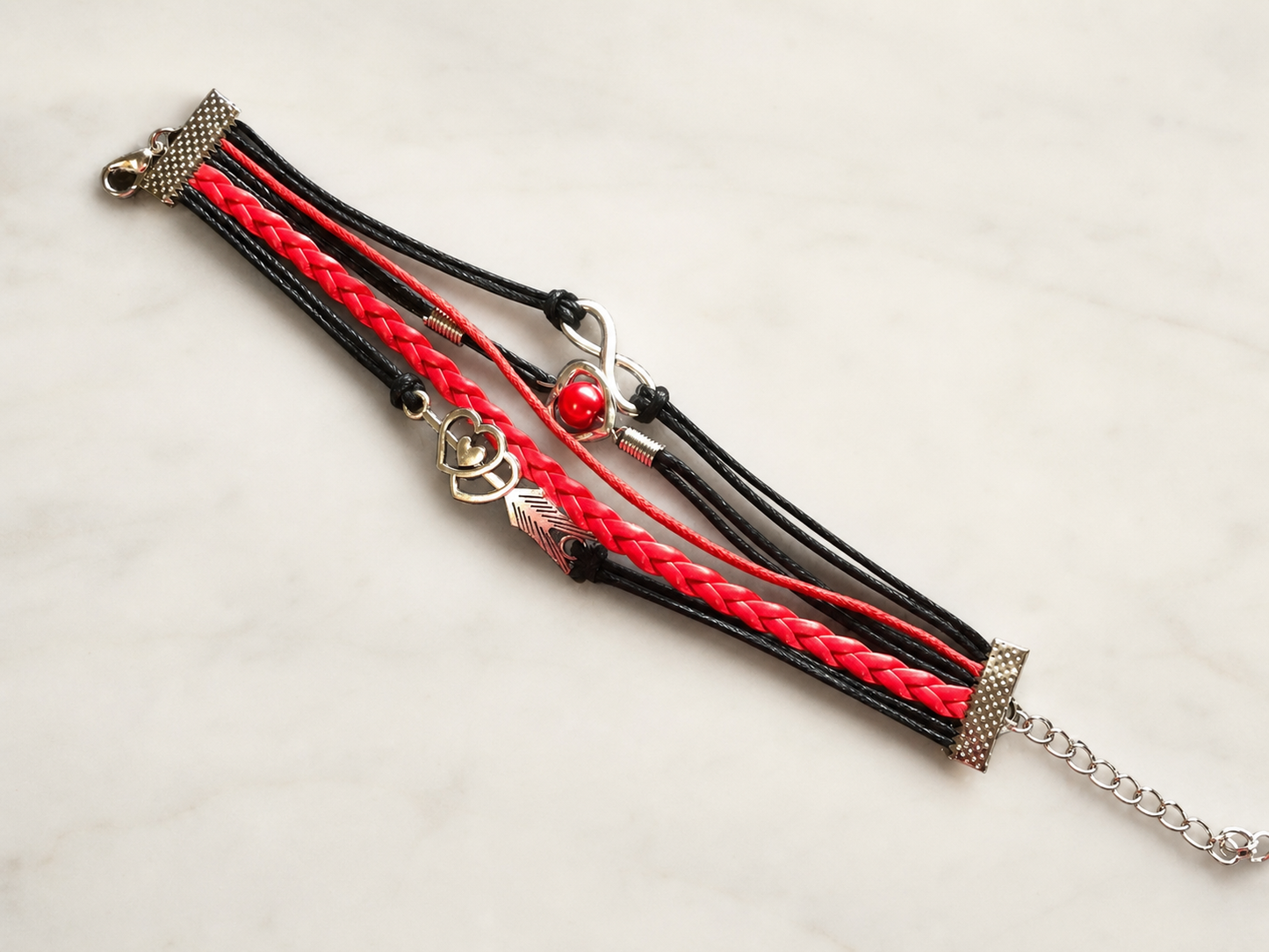 bracelet, charm bracelet, red bracelet, black bracelet, braided bracelet, cord bracelet, heart charm, feather charm, musical jewelry, gift,Studio7Fashion