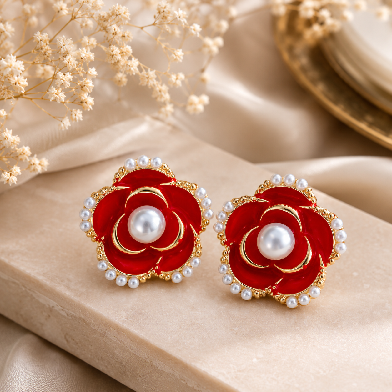 Vintage Romance Red Camellia & Pearl Stud Earrings