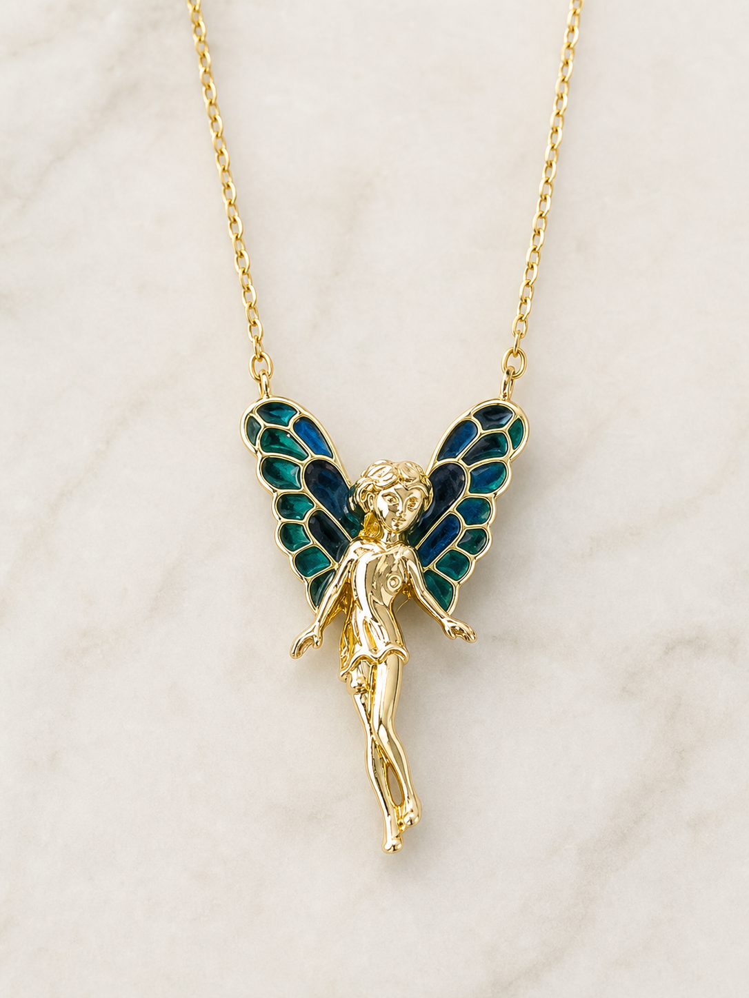 necklace, fairy necklace, whimsical jewelry, blue green jewelry, wing pendant, gold tone necklace, women's jewelry, gift, everyday wear,Studio7Fashion
