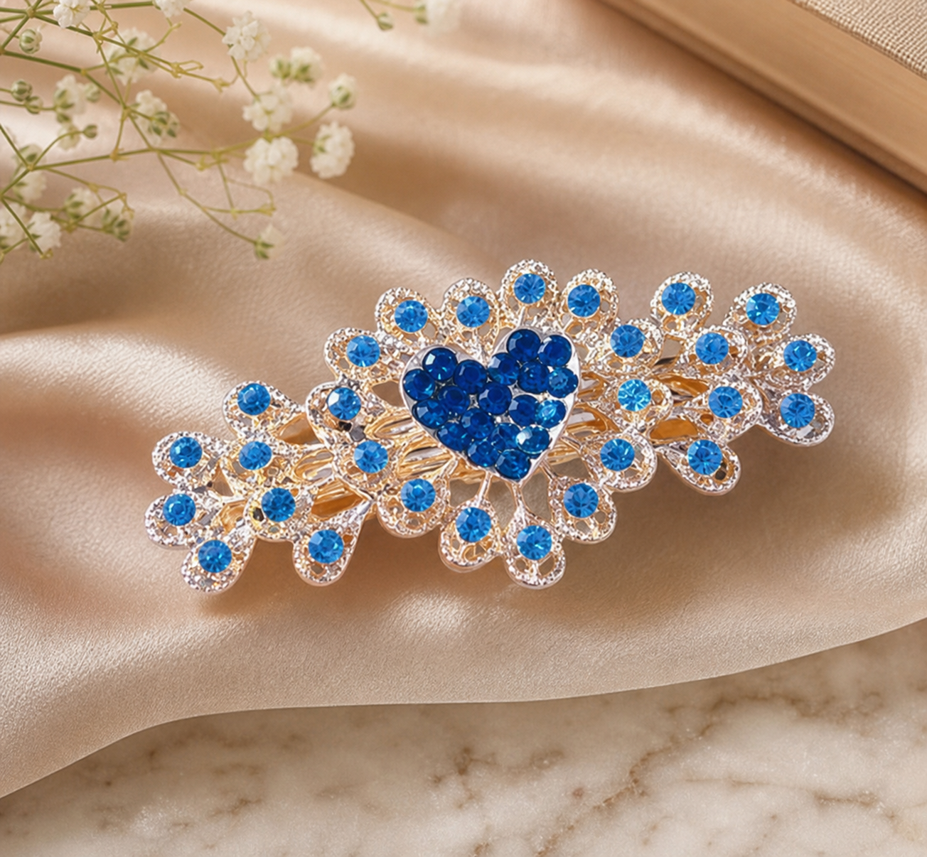 Blue Heart Floral Rhinestone Hair Clip,Studio7Fashion