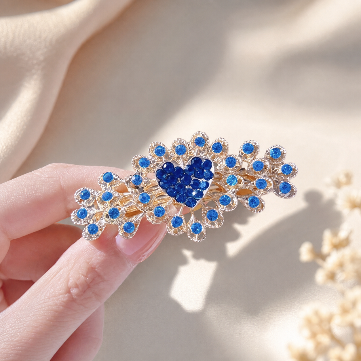 Blue Heart Floral Rhinestone Hair Clip,Studio7Fashion