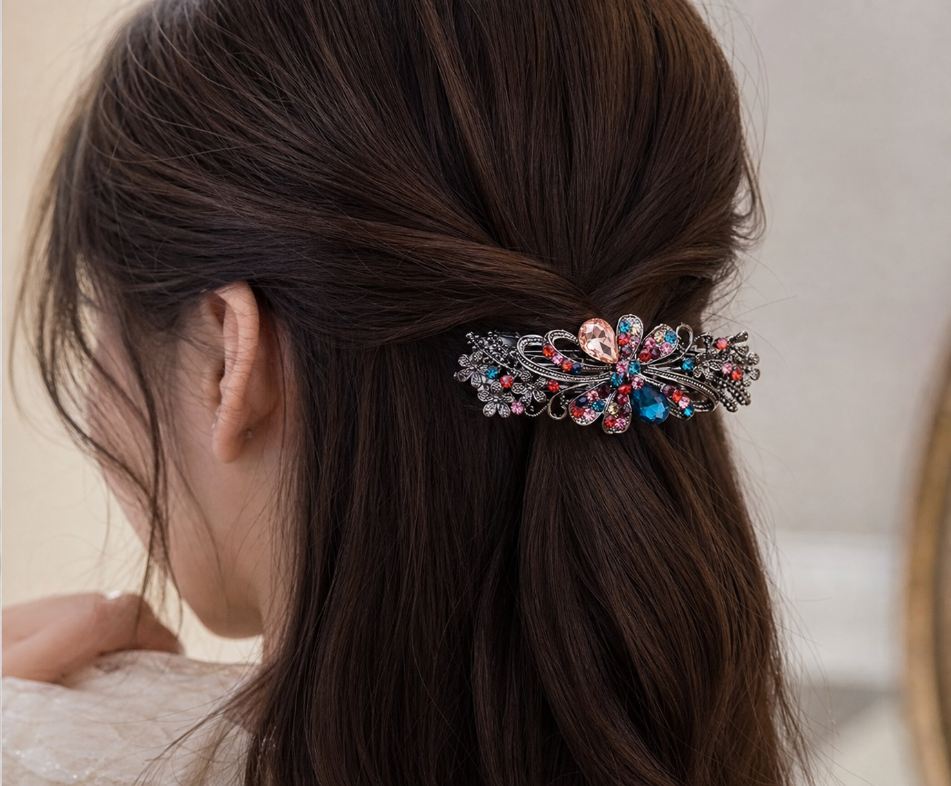 Jeweled Floral Hair Clip in Pink, Blue and Red,Studio7Fashion