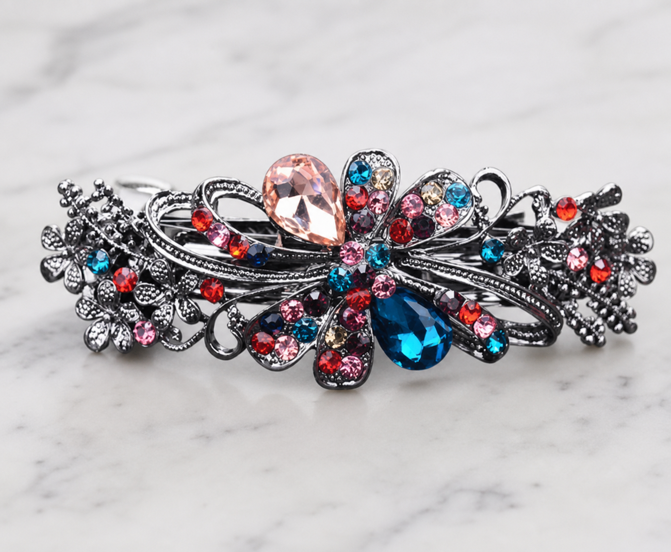 hair clip, hair accessory, jeweled hair clip, floral hair accessory, ornate hair clip, silver-tone, pink, blue, red, everyday wear, party accessory, gift,Studio7Fashion