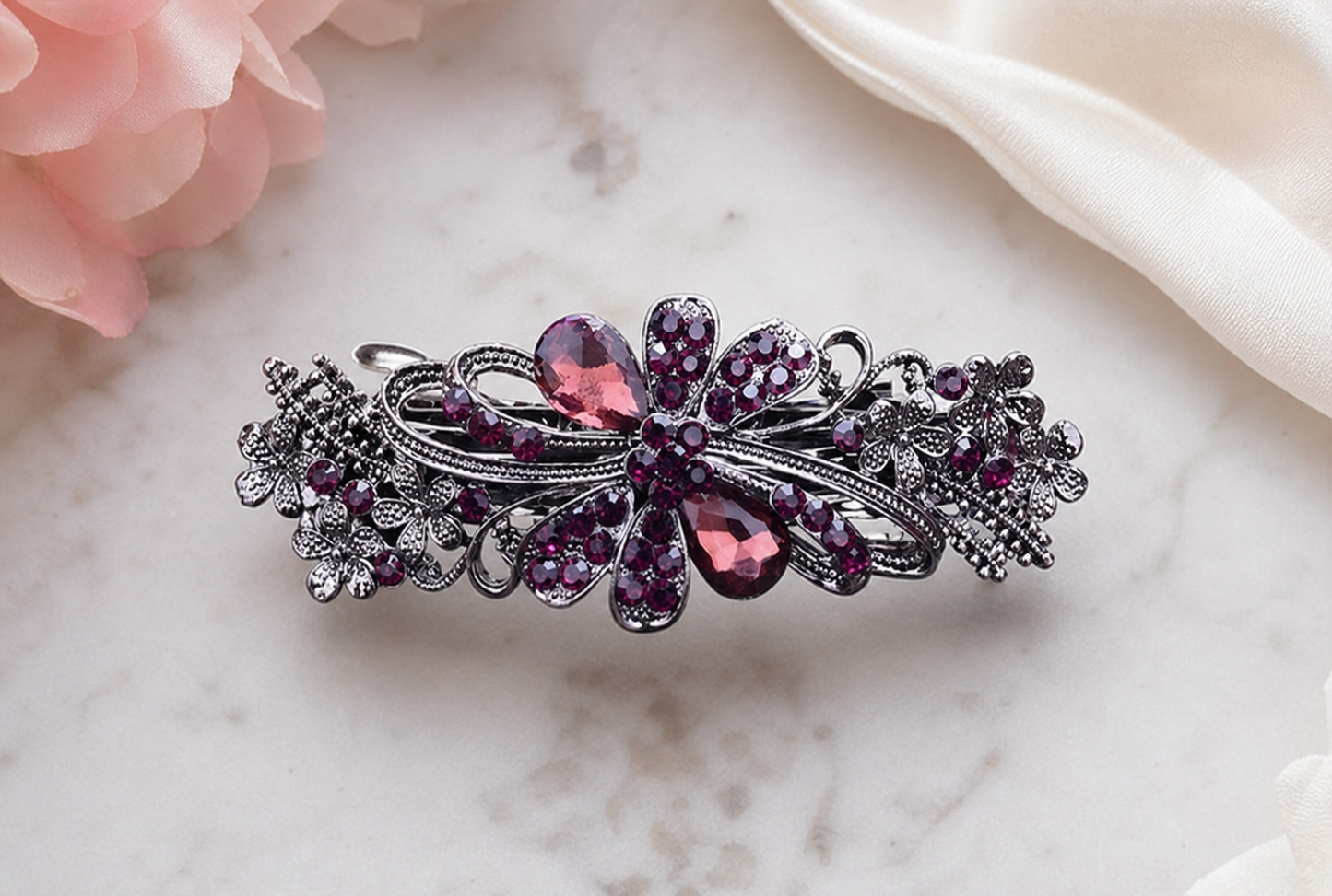 Ornate Purple and Silver-Tone Floral Hair Clip,Studio7Fashion