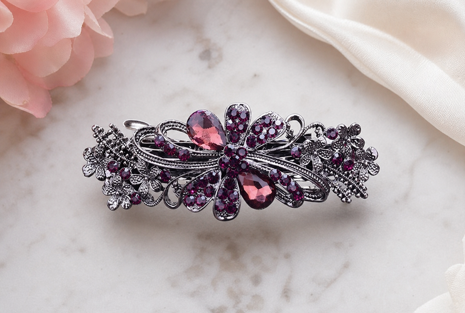 Ornate Purple and Silver-Tone Floral Hair Clip,Studio7Fashion