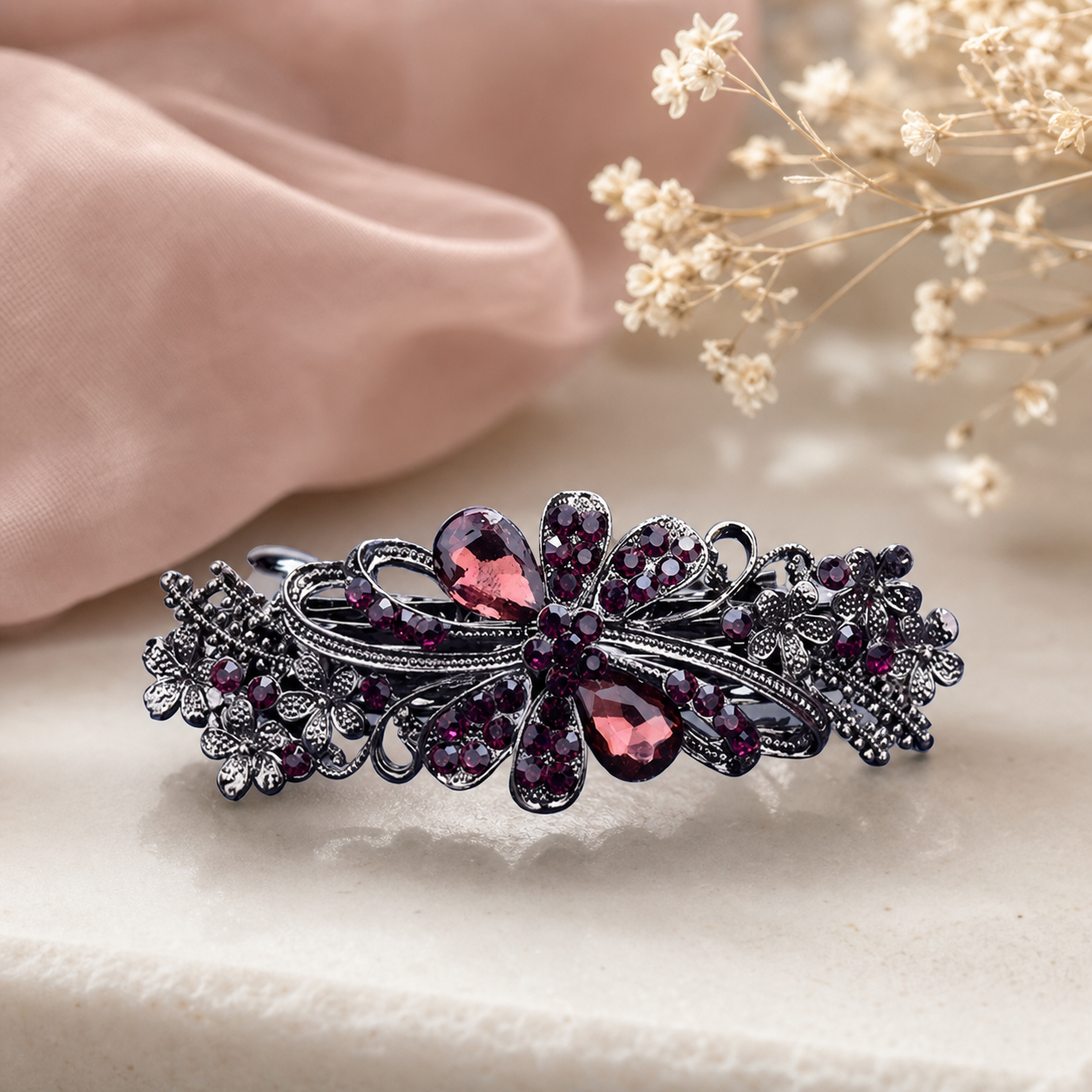 Ornate Purple and Silver-Tone Floral Hair Clip,Studio7Fashion