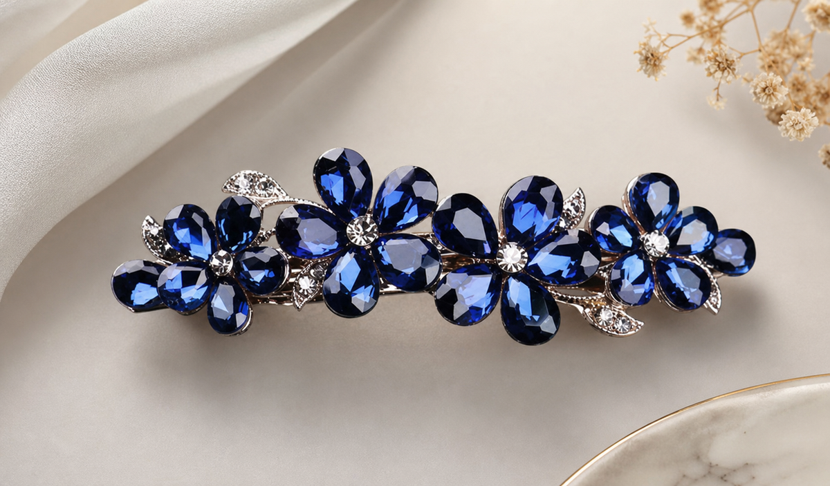 Blue Floral Hair Clip with Silver Details,Studio7Fashion