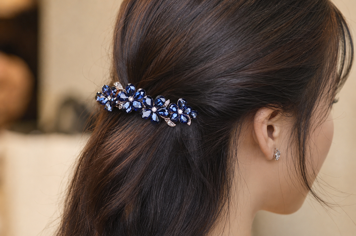 Blue Floral Hair Clip with Silver Details,Studio7Fashion