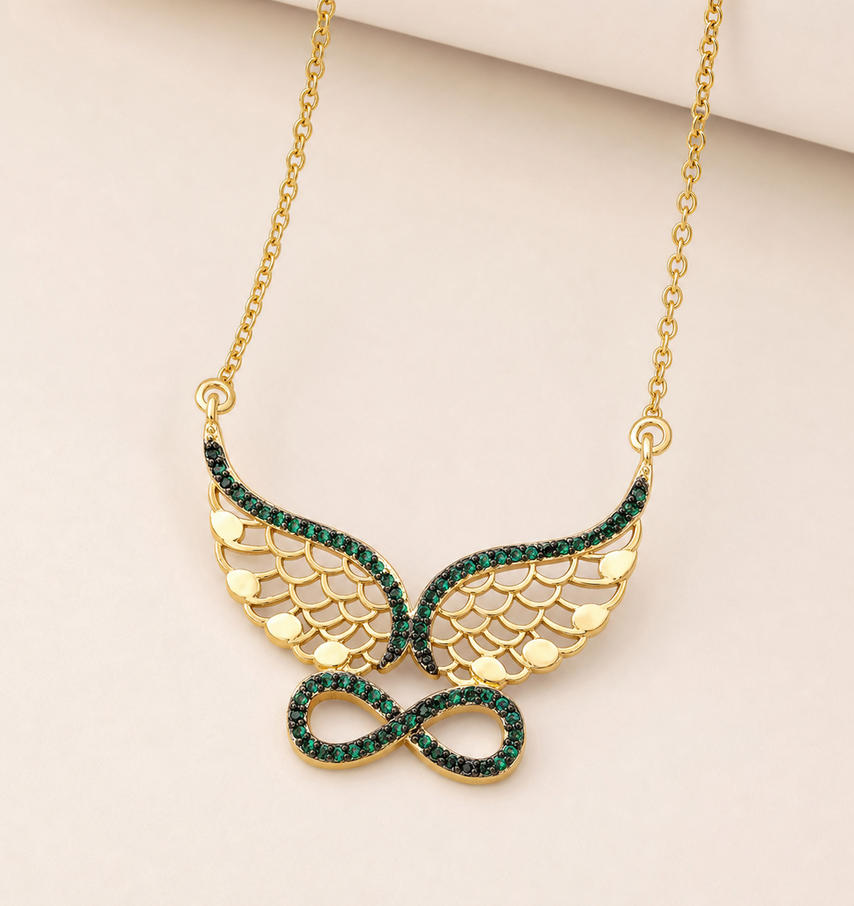 necklace, wing necklace, infinity necklace, green jewelry, gold-tone jewelry, statement necklace, symbolic jewelry, gift jewelry, women's jewelry,Studio7Fashion