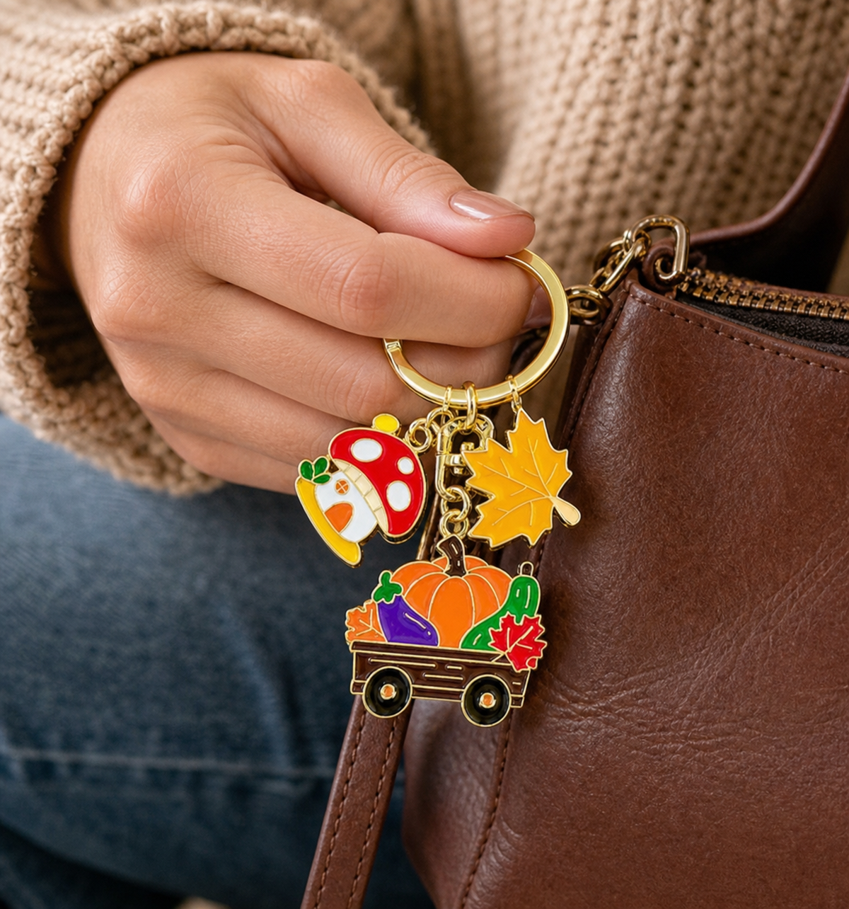 Autumn Harvest Pumpkin Wagon Gold Keychain,Studio7Fashion