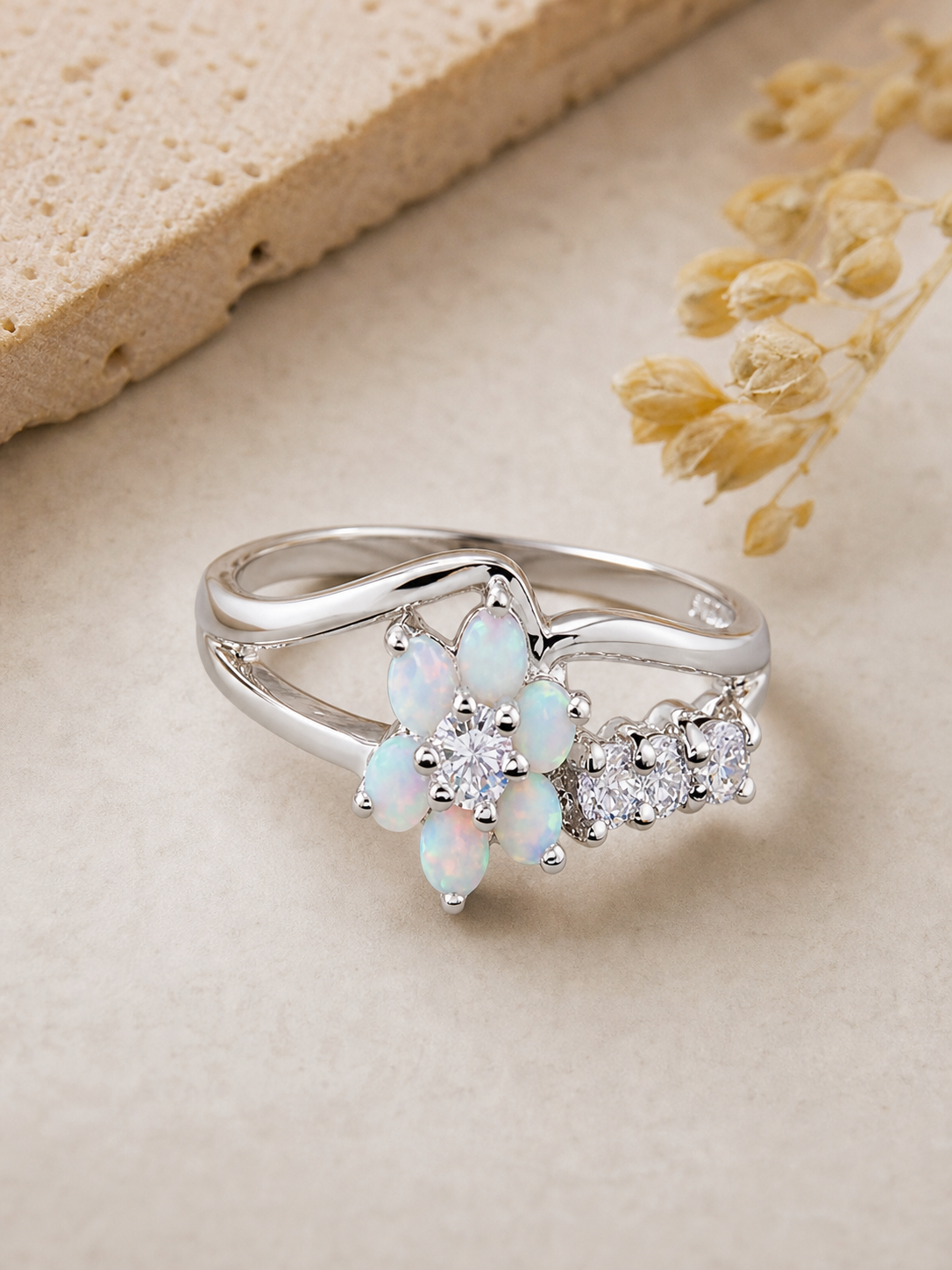 Silver Iridescent Floral Cluster Ring,Studio7Fashion