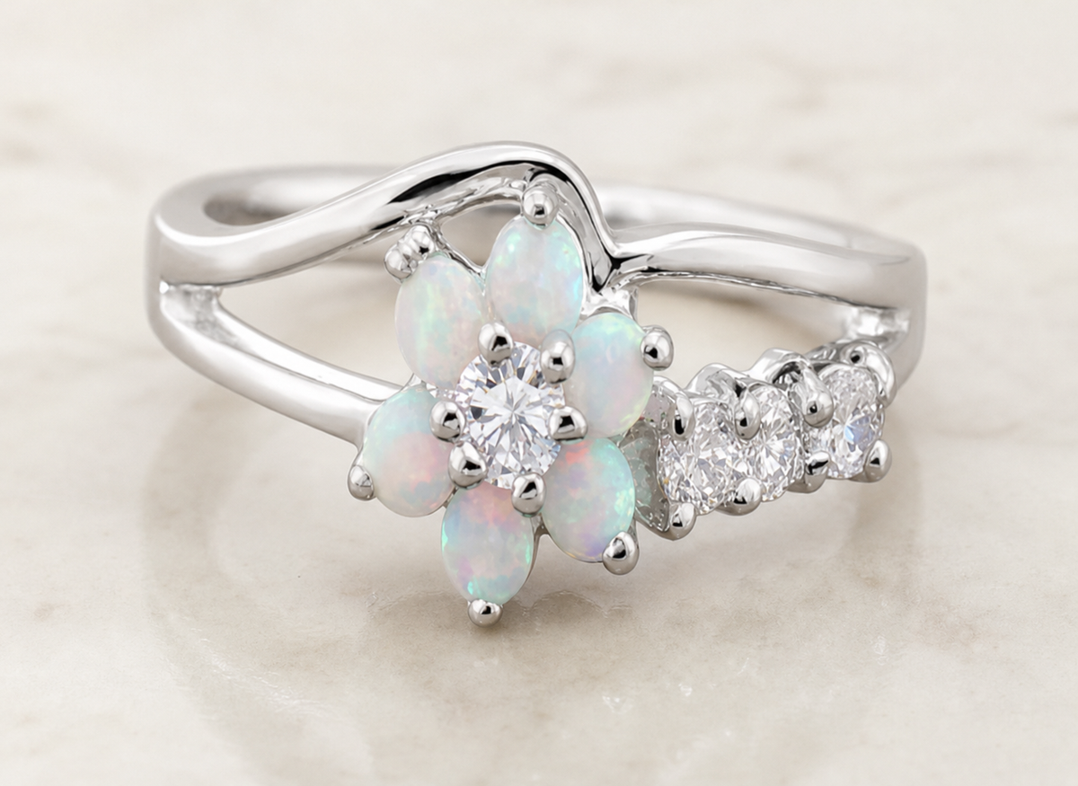 ring, silver ring, iridescent ring, floral ring, statement ring, women's jewelry, fashion jewelry, gift,Studio7Fashion