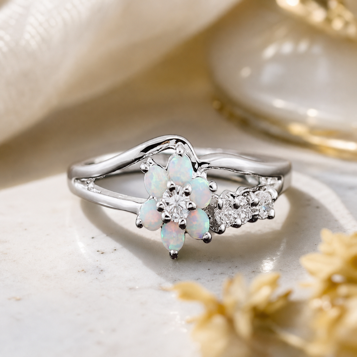Silver Iridescent Floral Cluster Ring,Studio7Fashion