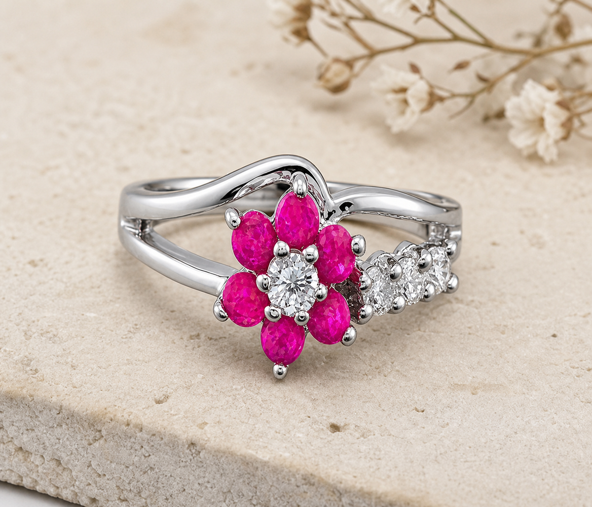 Silver Pink Floral Ring,Studio7Fashion