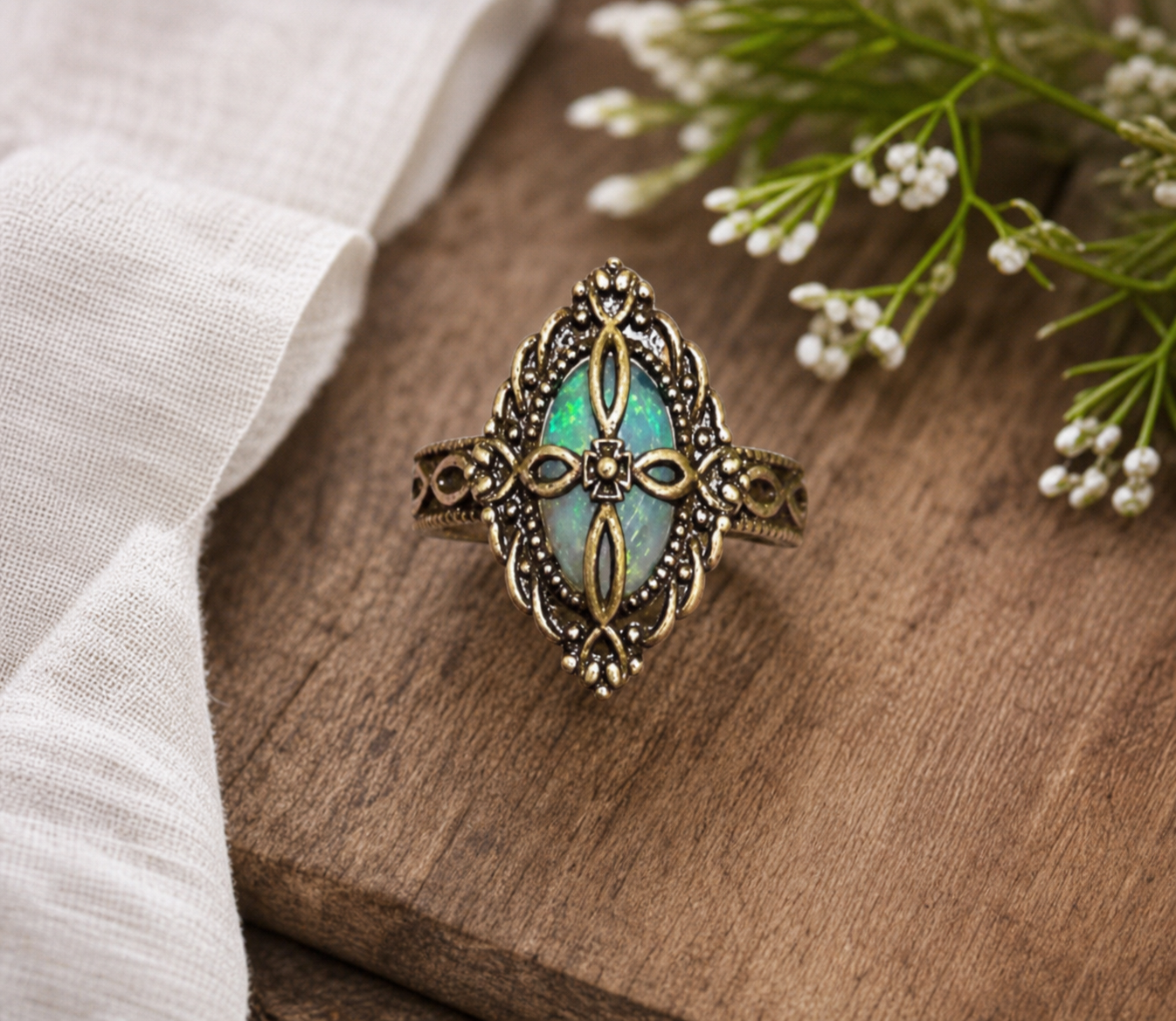 Ornate Turquoise-Green Oval Filigree Ring,Studio7Fashion