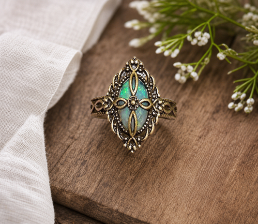 Ornate Turquoise-Green Oval Filigree Ring,Studio7Fashion