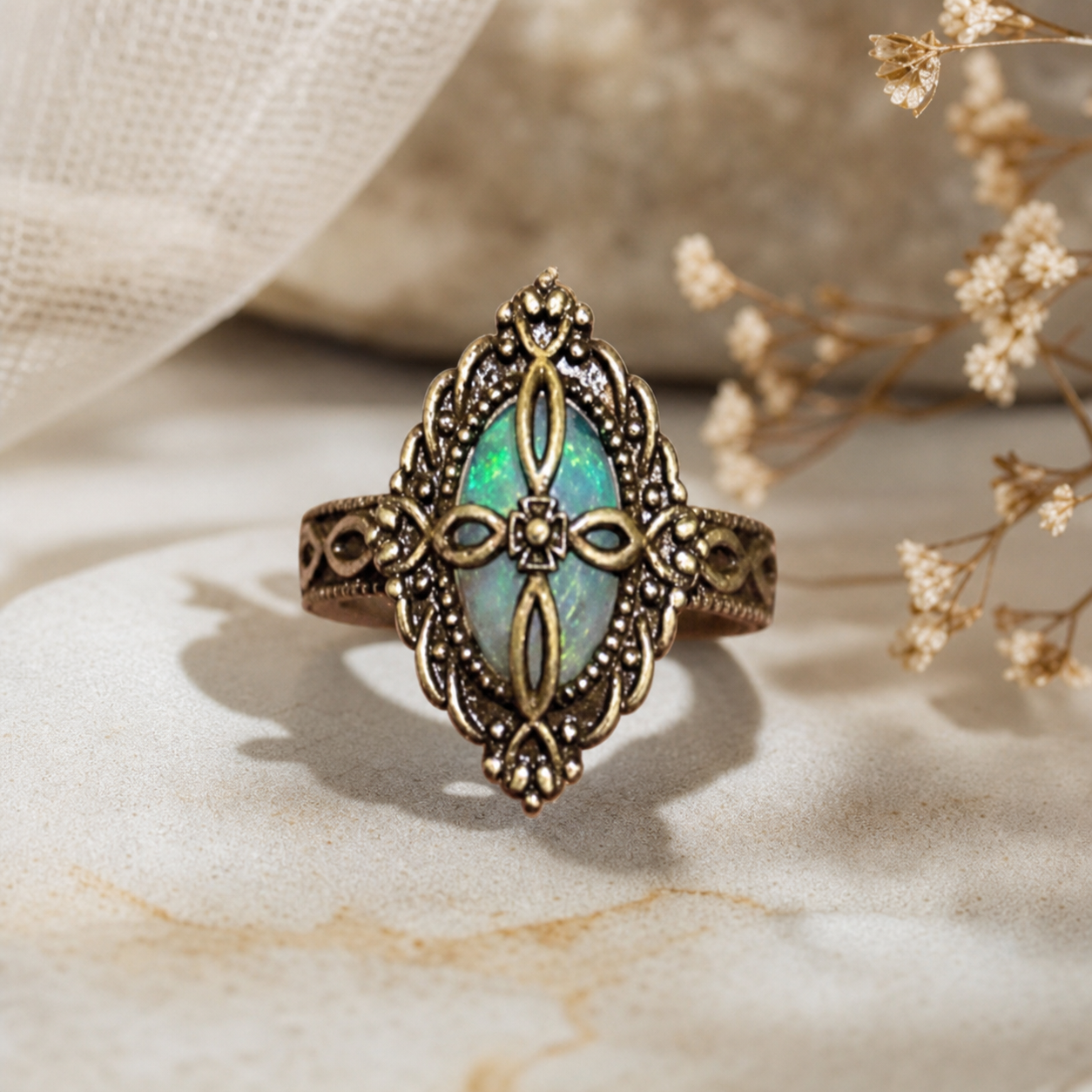 Ornate Turquoise-Green Oval Filigree Ring,Studio7Fashion