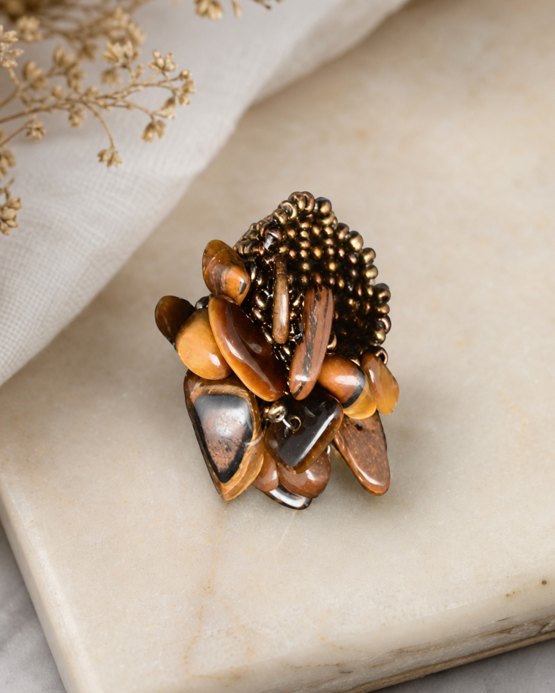 Brown Amber-Tone Elastic Cluster Ring,Studio7Fashion