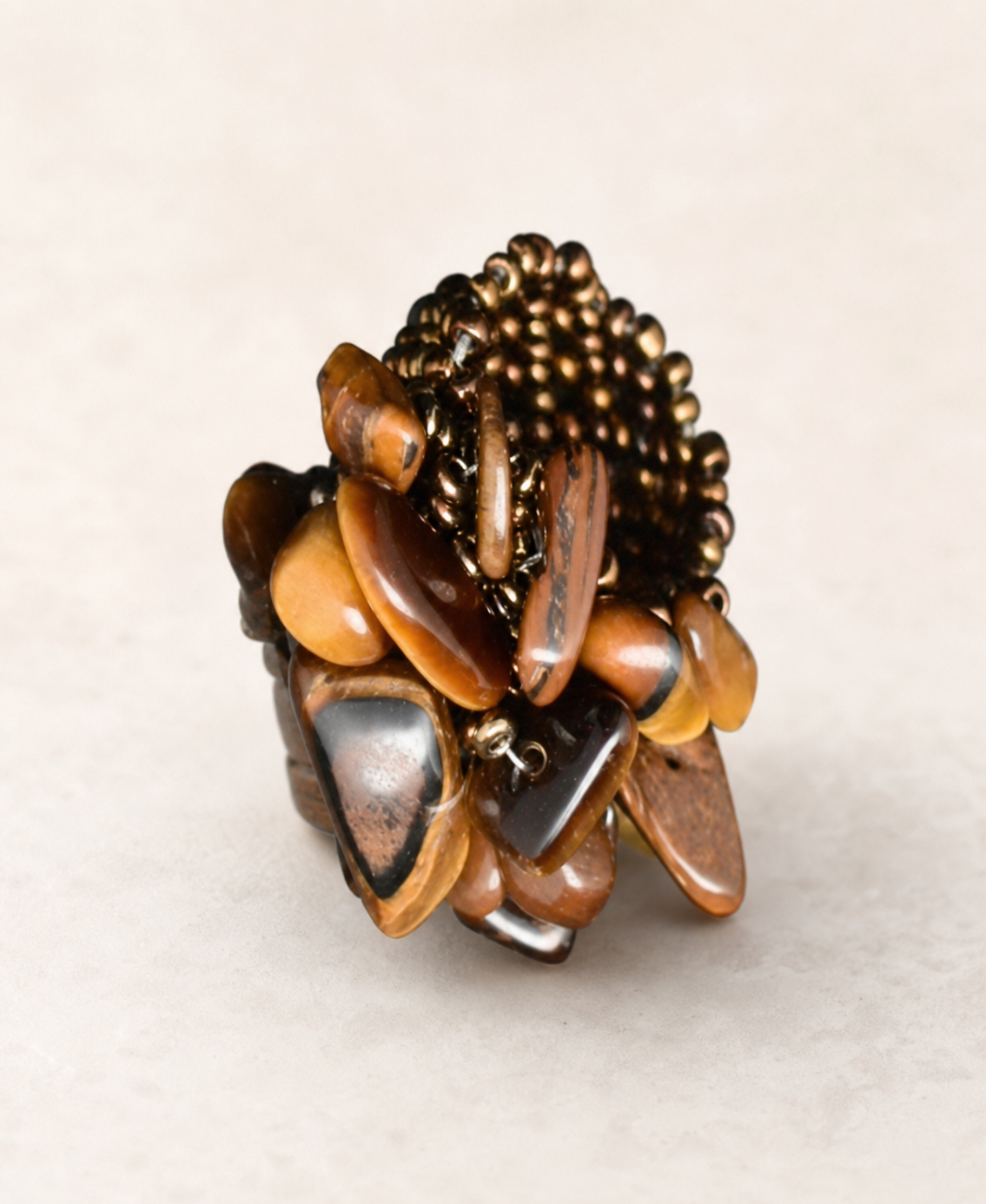 ring, elastic ring, cluster ring, brown jewelry, amber-tone jewelry, bohemian style, textured jewelry, everyday wear, gift,Studio7Fashion