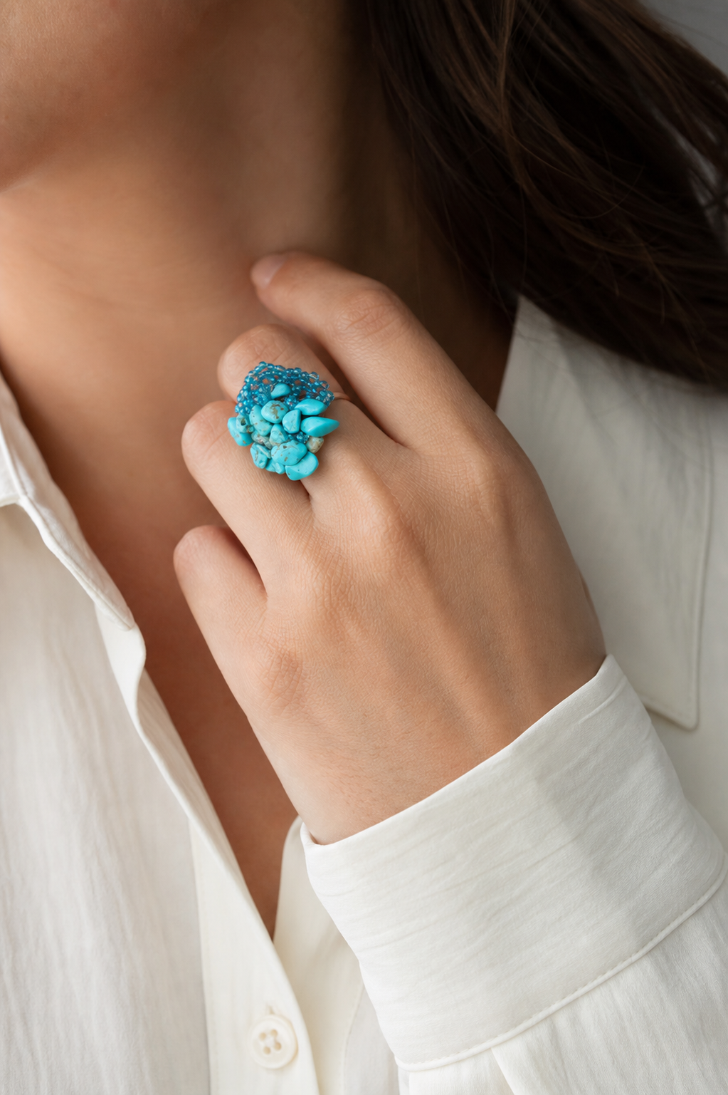 Turquoise-Colored Beaded Elastic Ring,Studio7Fashion