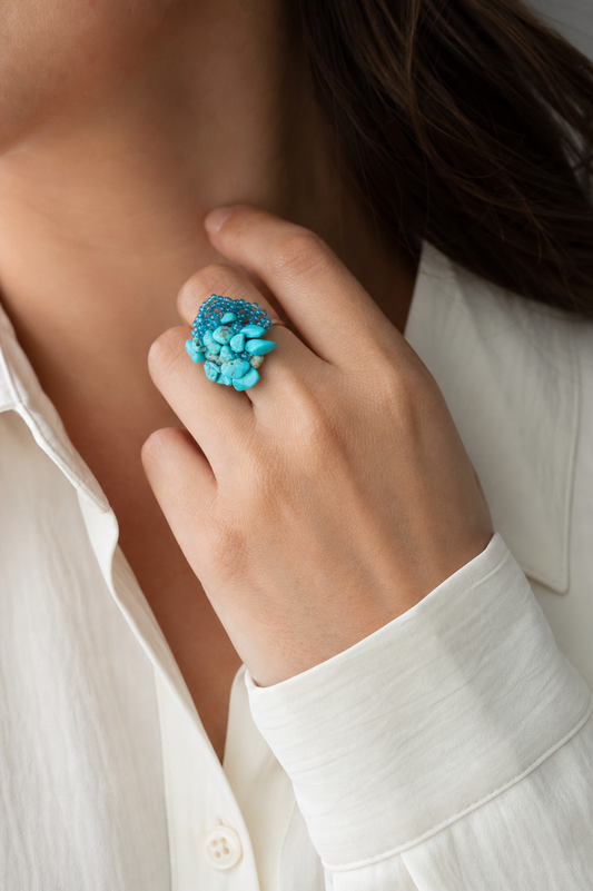 Turquoise-Colored Beaded Elastic Ring,Studio7Fashion