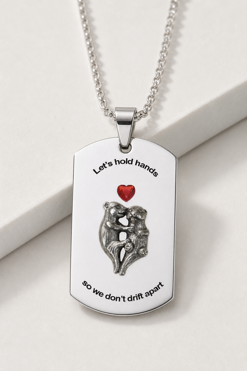necklace, dog tag necklace, otter necklace, stainless steel necklace, silver-tone jewelry, red heart, friendship gift, sentimental jewelry, everyday wear, gift,Studio7Fashion