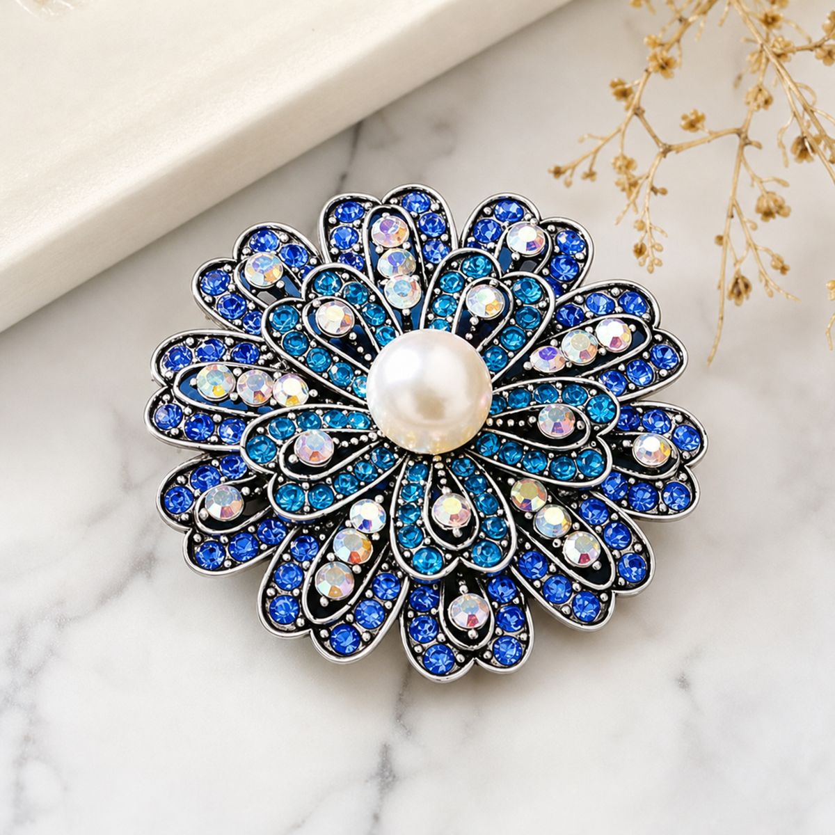 Blue Floral Rhinestone Brooch with Pearl-Like Center,Studio7Fashion