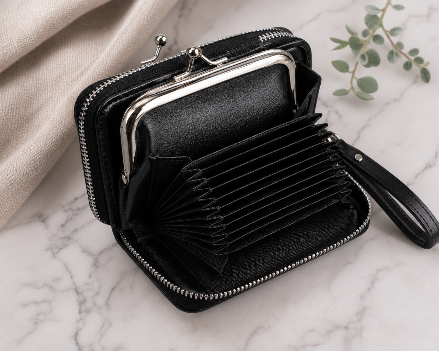 Black Zippered Accordion Wallet,Studio7Fashion