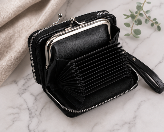 Black Zippered Accordion Wallet,Studio7Fashion